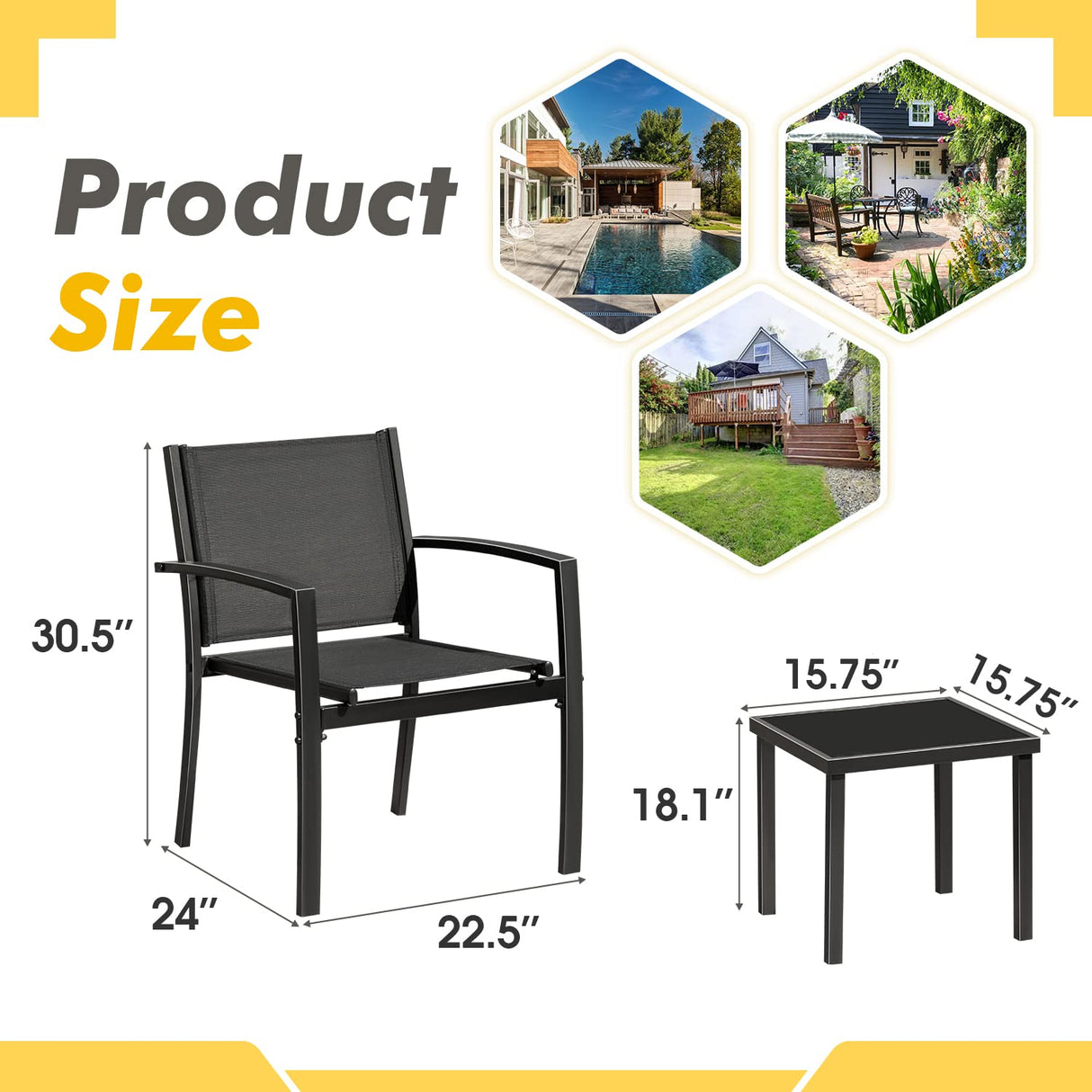 3 Pieces Patio Furniture Outdoor Bistro Set Textilene Fabric Chairs