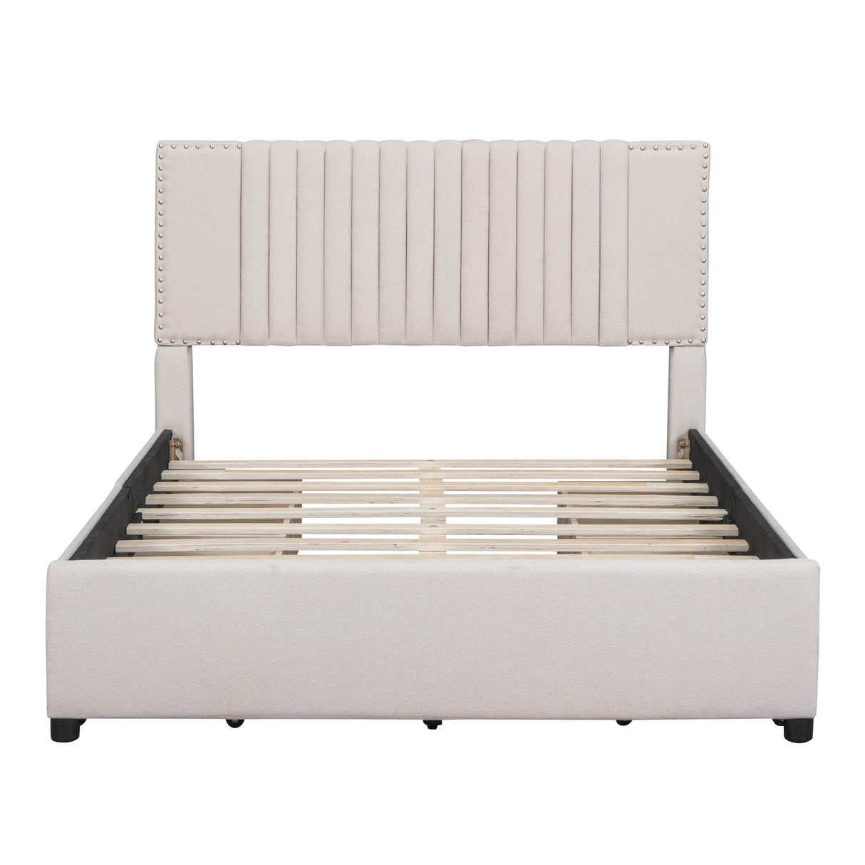 Full Size Upholstered Platform Bed with 4 Big Storage Drawers and Classic Linen Fabric