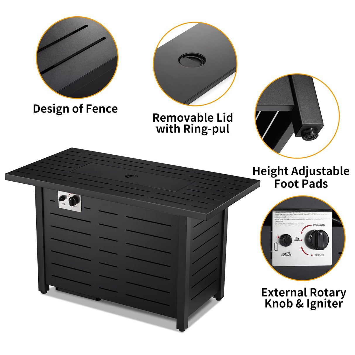 Fire Pit Propane Gas FirePit Table 43" Outdoor Fire Pit Tabletop with Lid