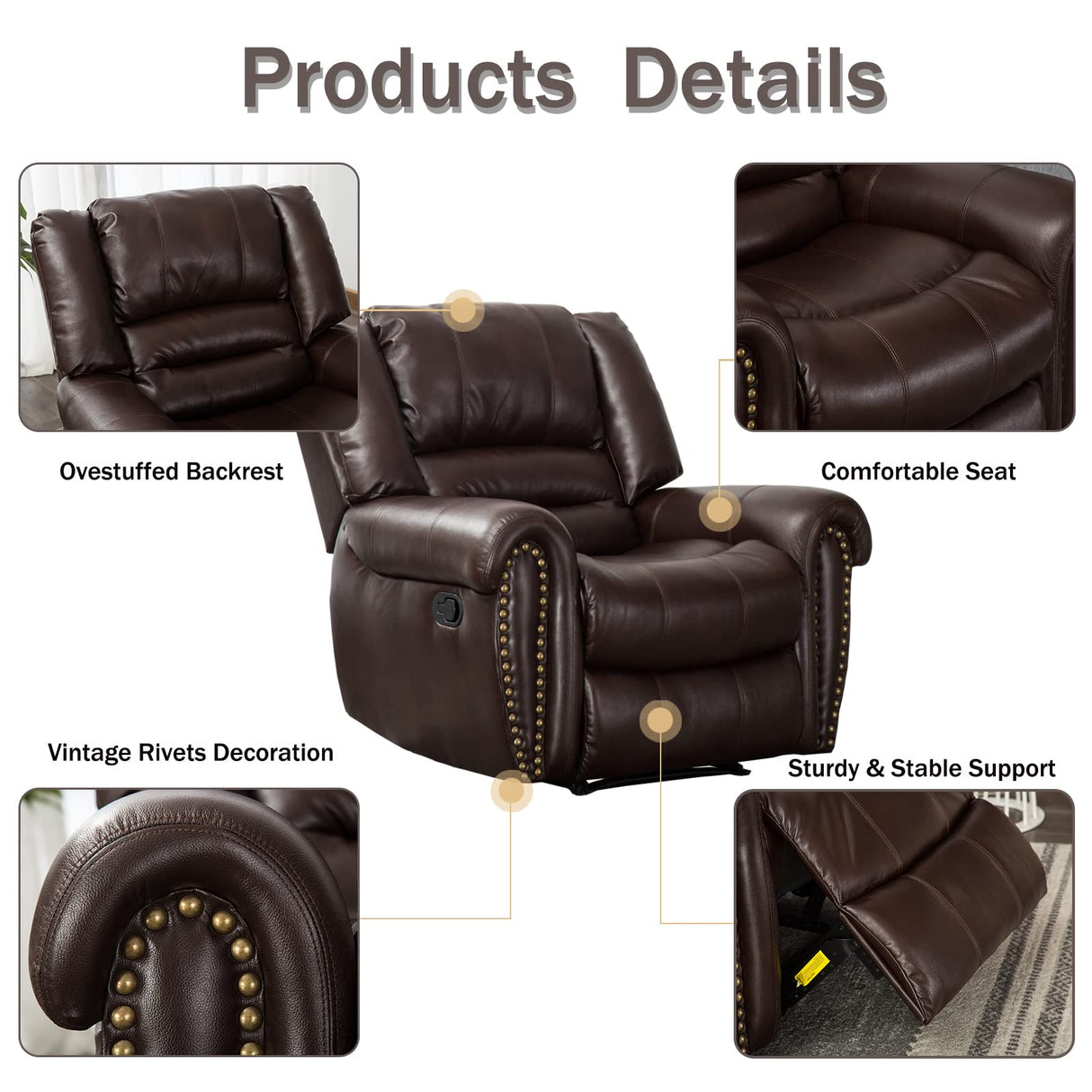 VintaRest Manual Leather Recliner with Overstuffed Backrest