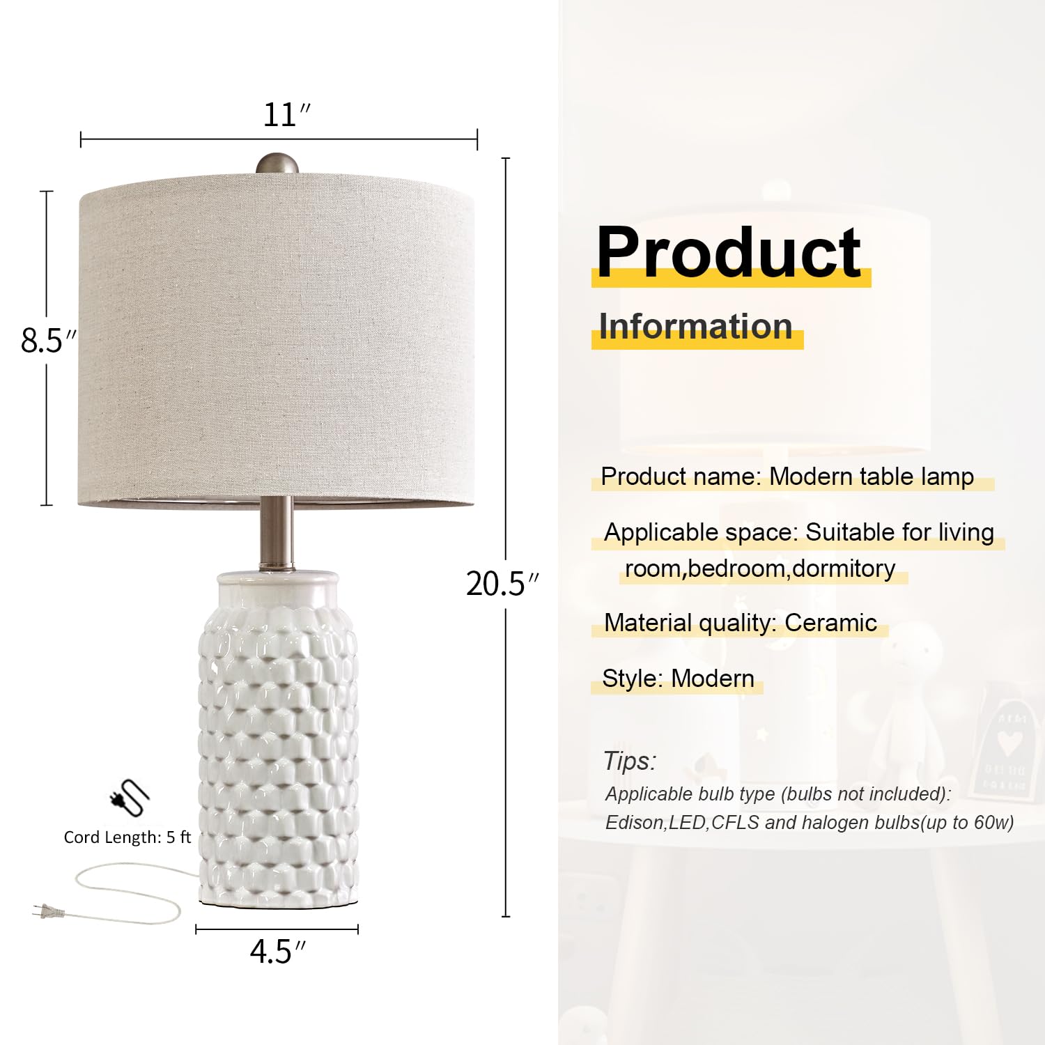 20.5 inches Modern Ceramic White Bedside Lamp Set of 2