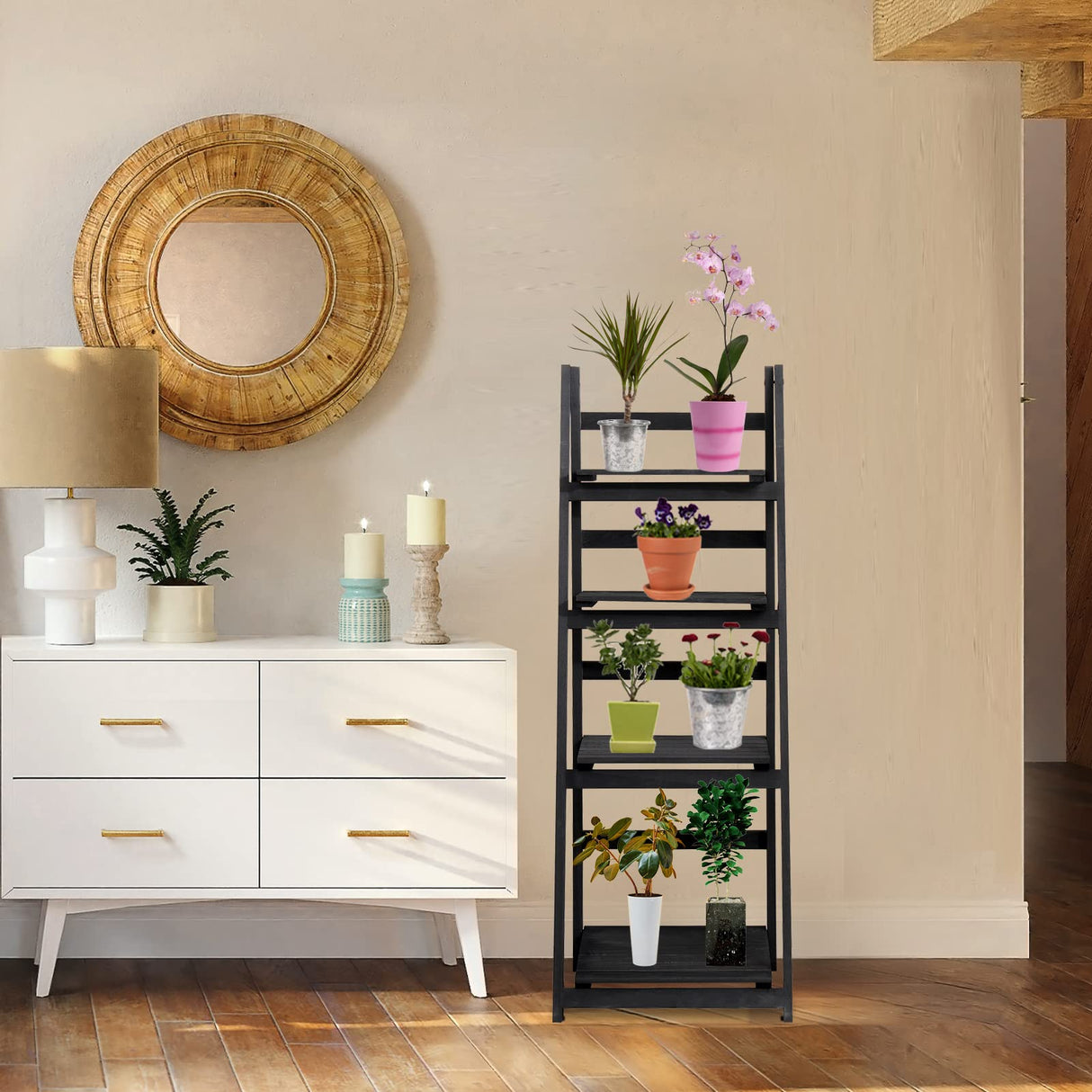 Babion 4-Tier Ladder Bookshelf – Black Wooden Storage Rack