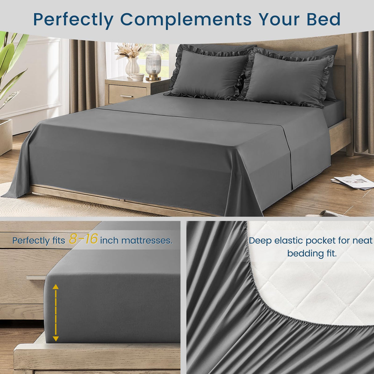 Queen Bed in a Bag 7 Pieces Comforter Set Queen, Ruffle Bedding Comforter Set Dark