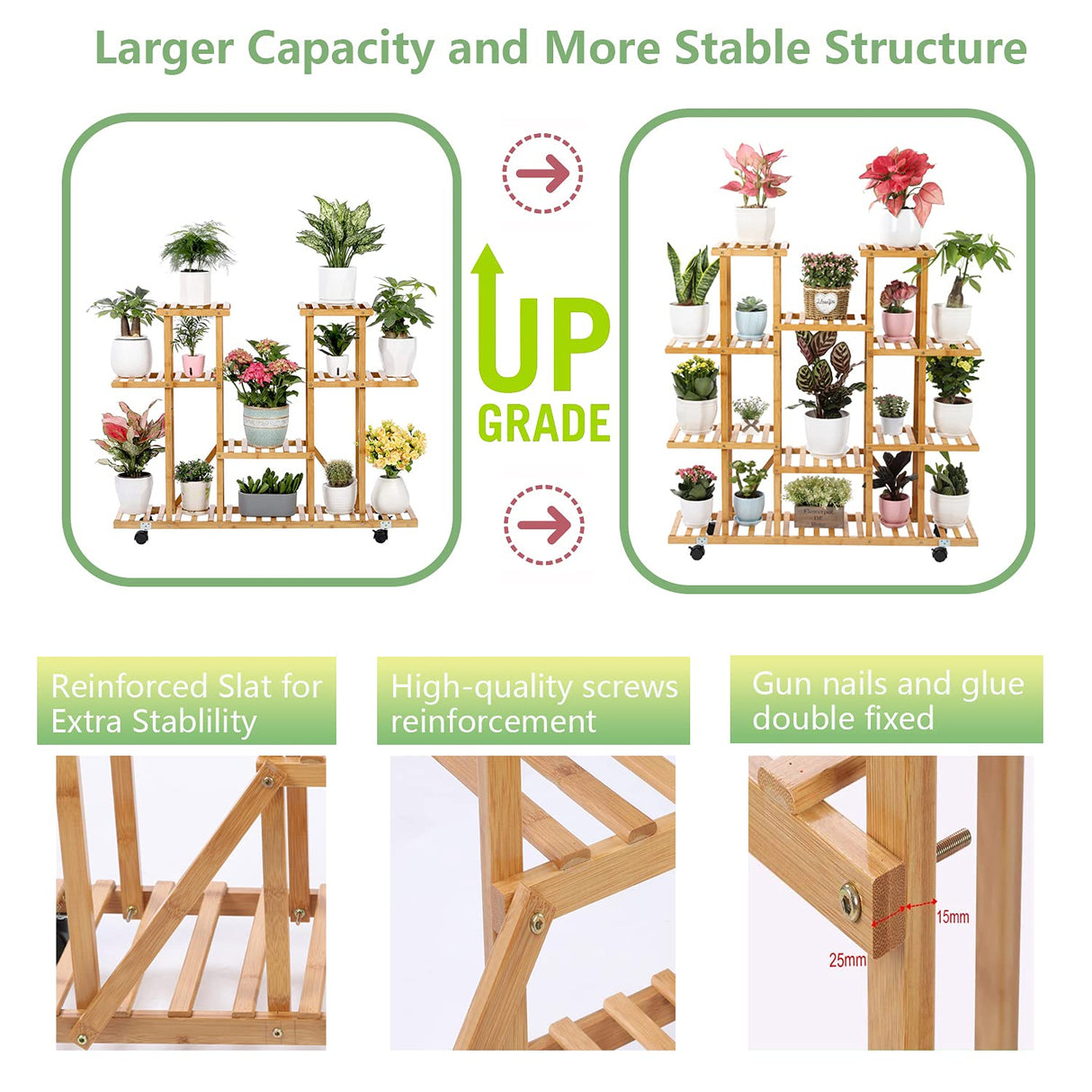 9-Tier Bamboo Plant Stand with Wheels – Multi-Pot Rolling Rack