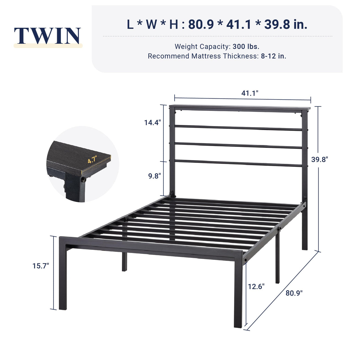 4.7" Headboard Shelf, Heavy-Duty Platform Bed Frame