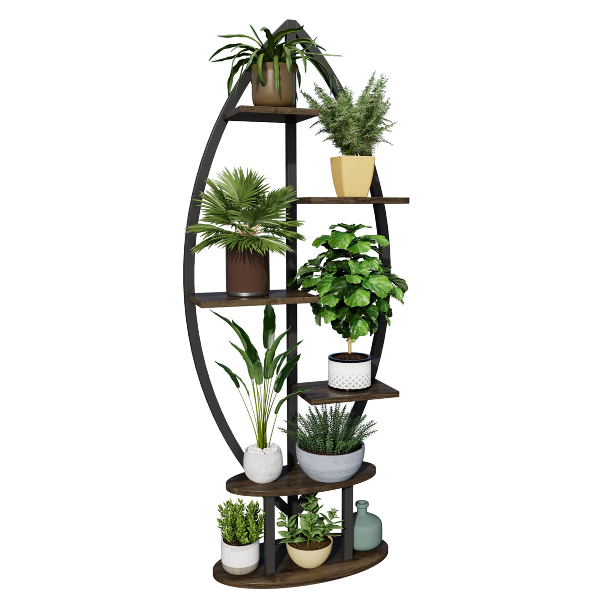 YOLENY 6-Tier Leaf-Shaped Plant Stand – White Metal & Wood Indoor Shelf