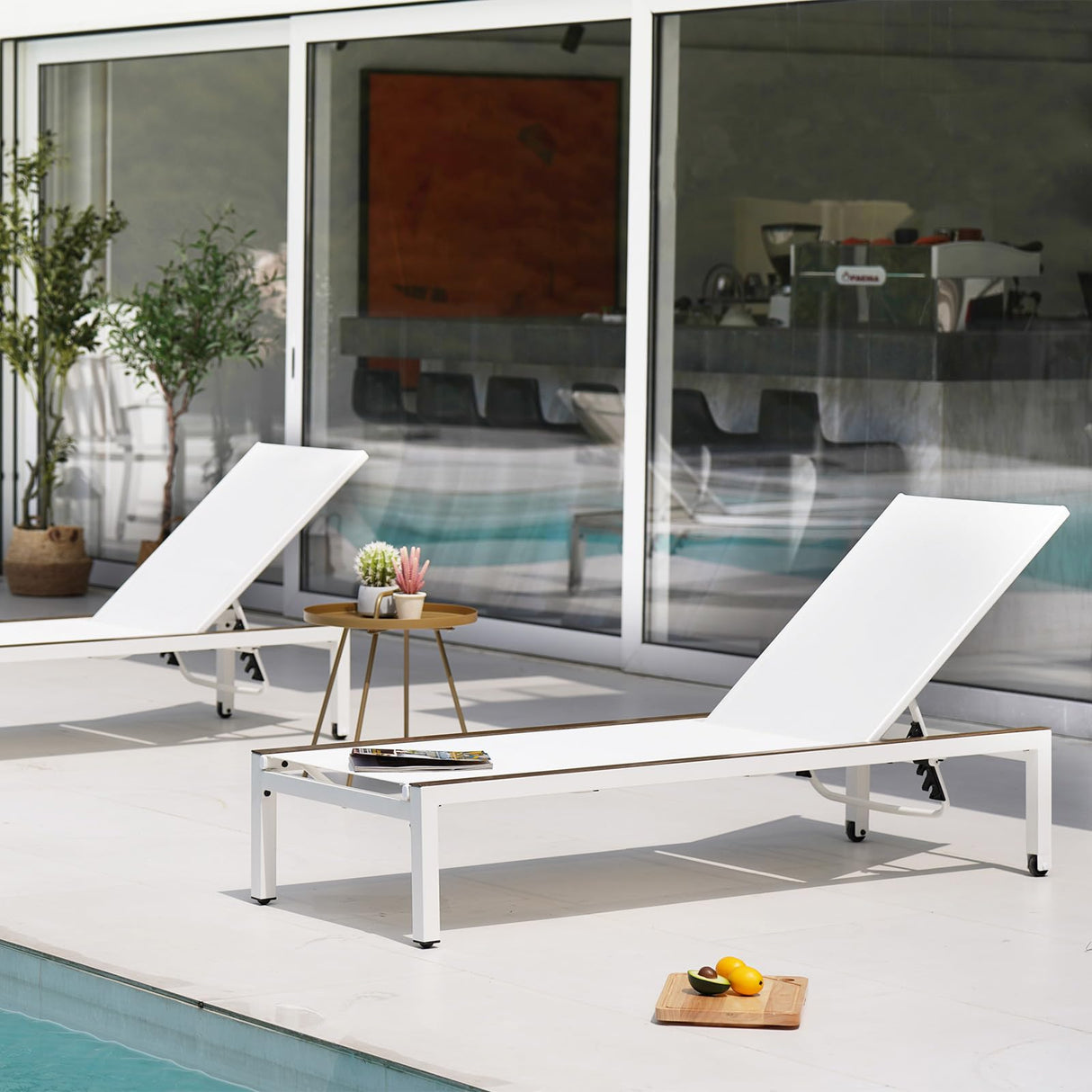 Outdoor Chaise Lounge Mesh Sling Steel Chairs with Woodgrain Texture