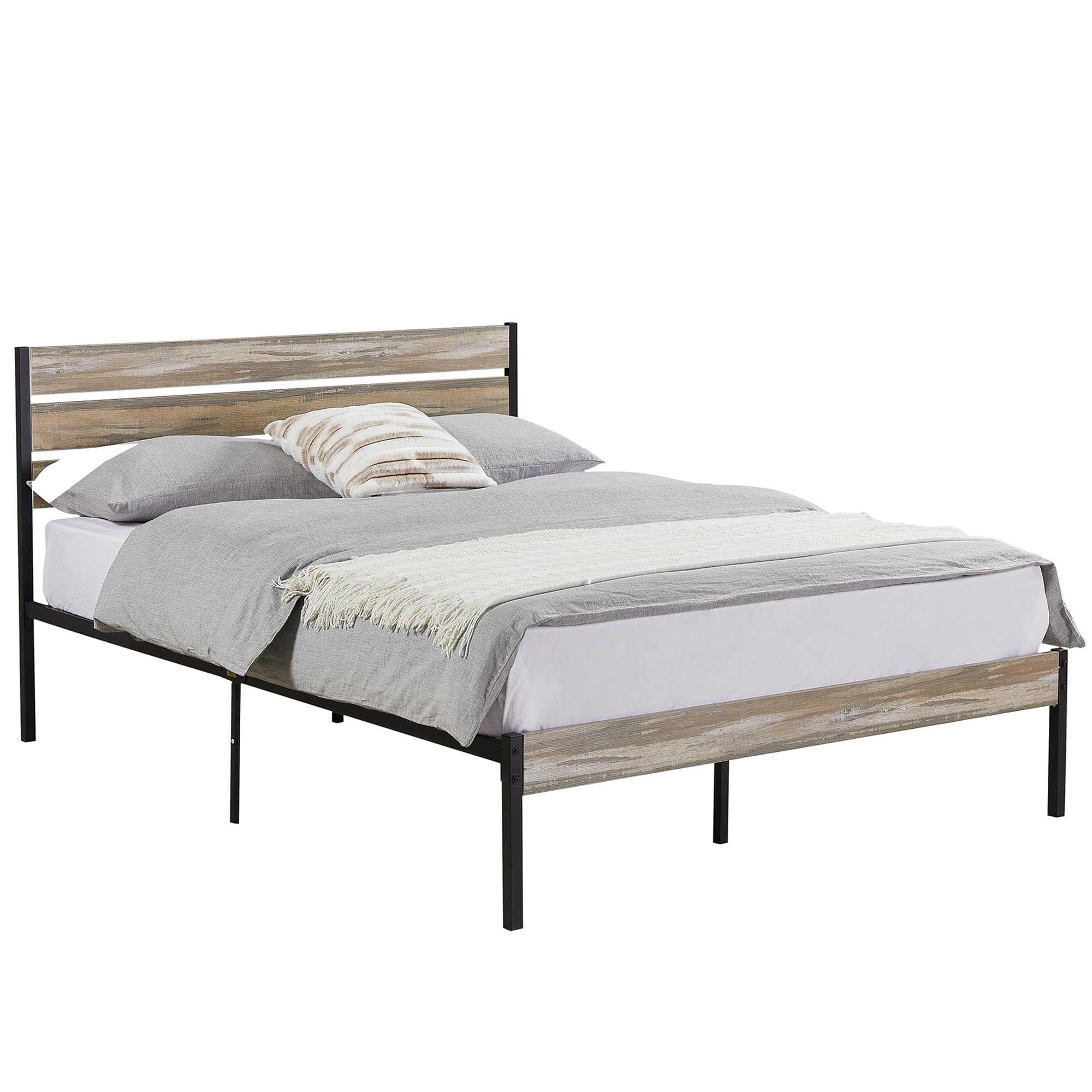 Platform Full Bed Frame with Rustic Vintage Wood Headboard and Footboard