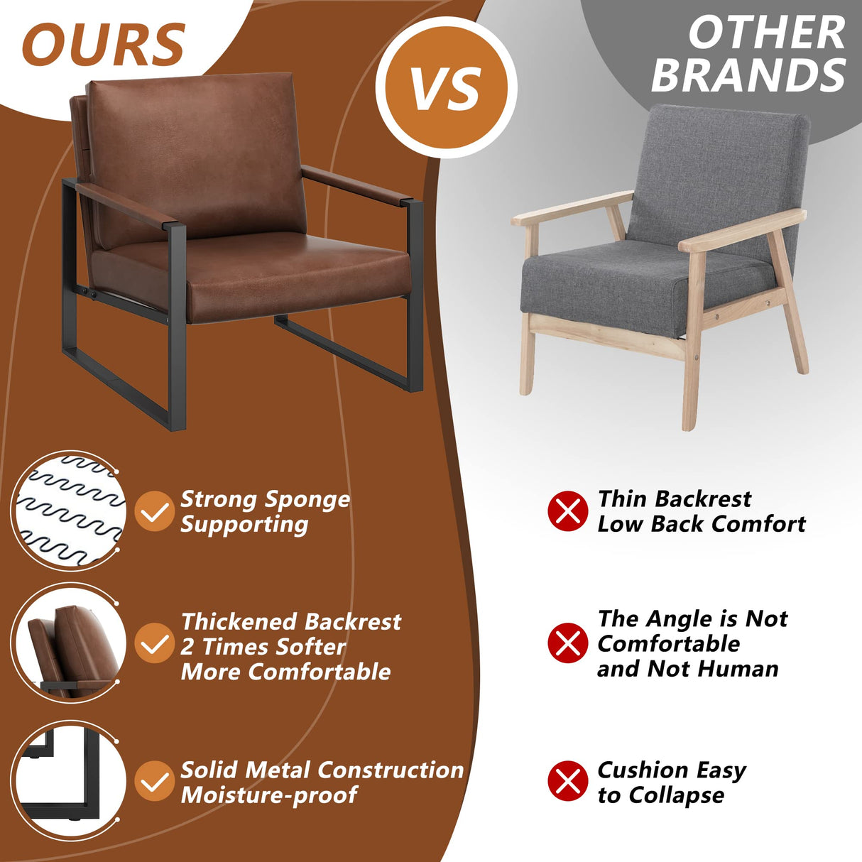 Modern PU Leather Accent Chair Arm Chair with Extra-Thick Padded Backrest