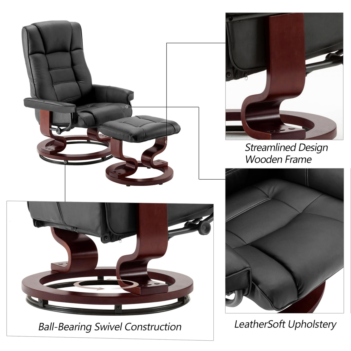 RelaxOrb Leather Recliner with Ottoman – 360° Swivel & Thick Padding