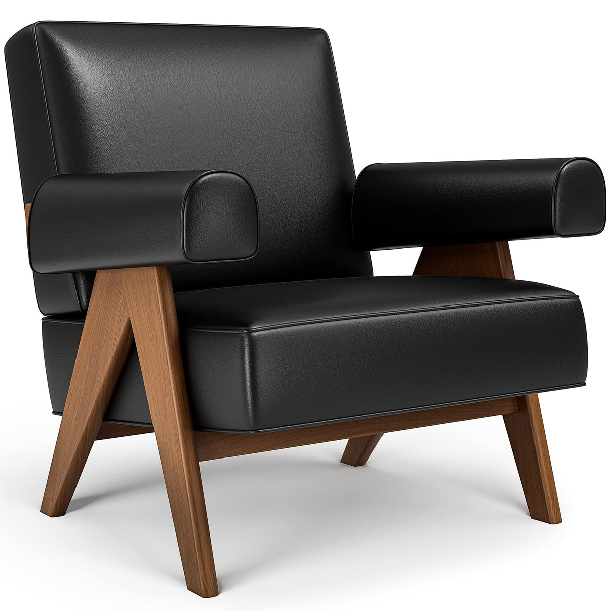 Leather Accent Chair, Mid Century Modern Armchair with Ash Wood Feet