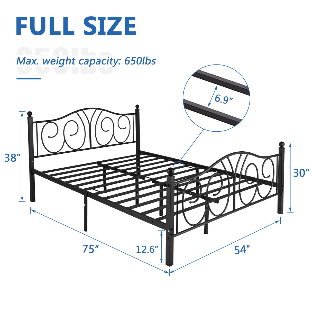 Full Size Bed Frame with Headboard, Heavy Duty Slats Support, Metal Platform Mattress