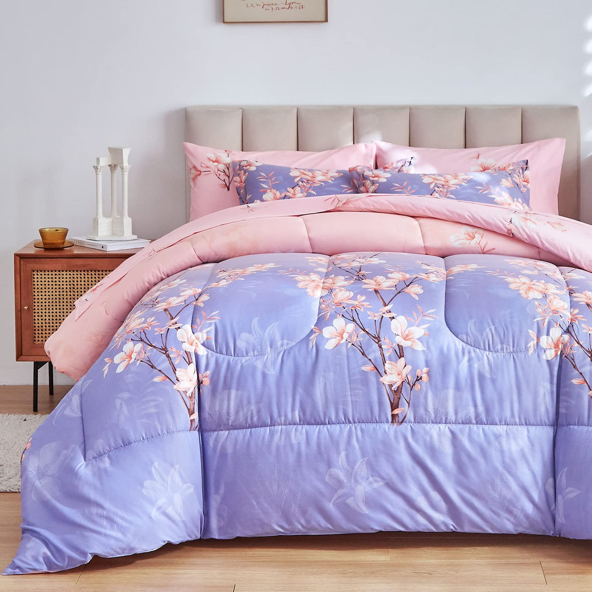 Pink and Light Purple Queen Comforter Set with Sheets, Bed in a Bag 7-Pieces