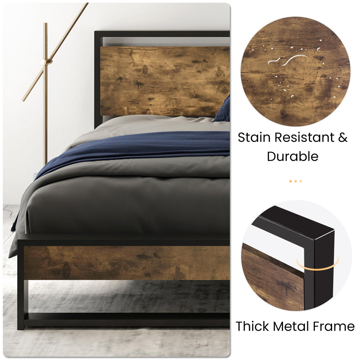 Queen Bed Frame with Wood Headboard and Footboard