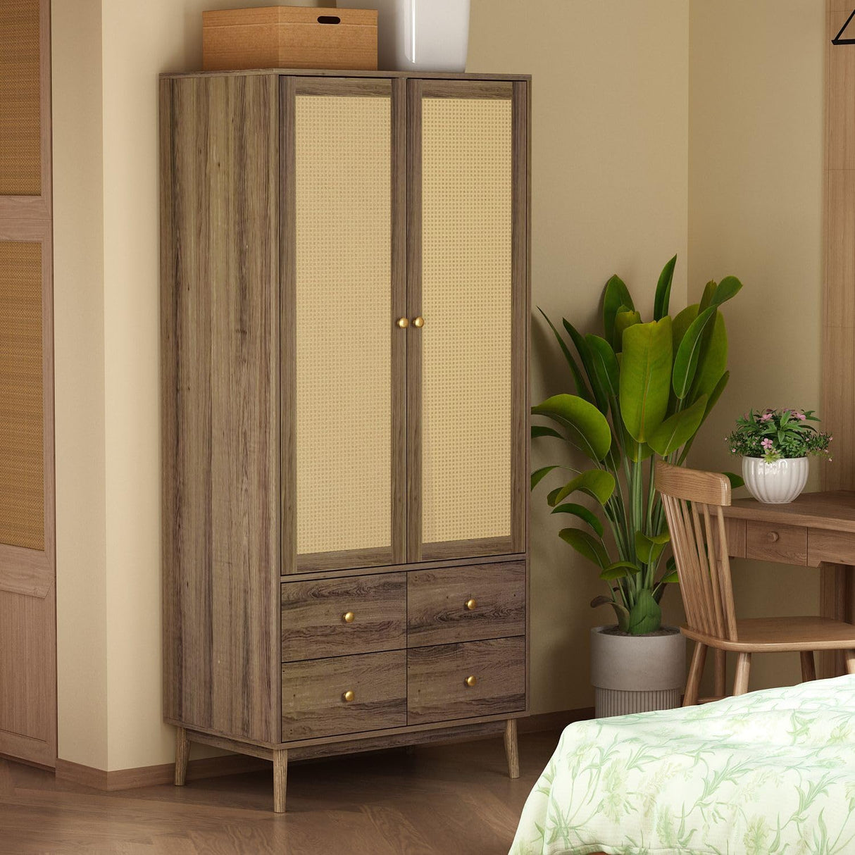 Farmhouse Armoire Wardrobe with Hanging Rod, Gold Metal Handles