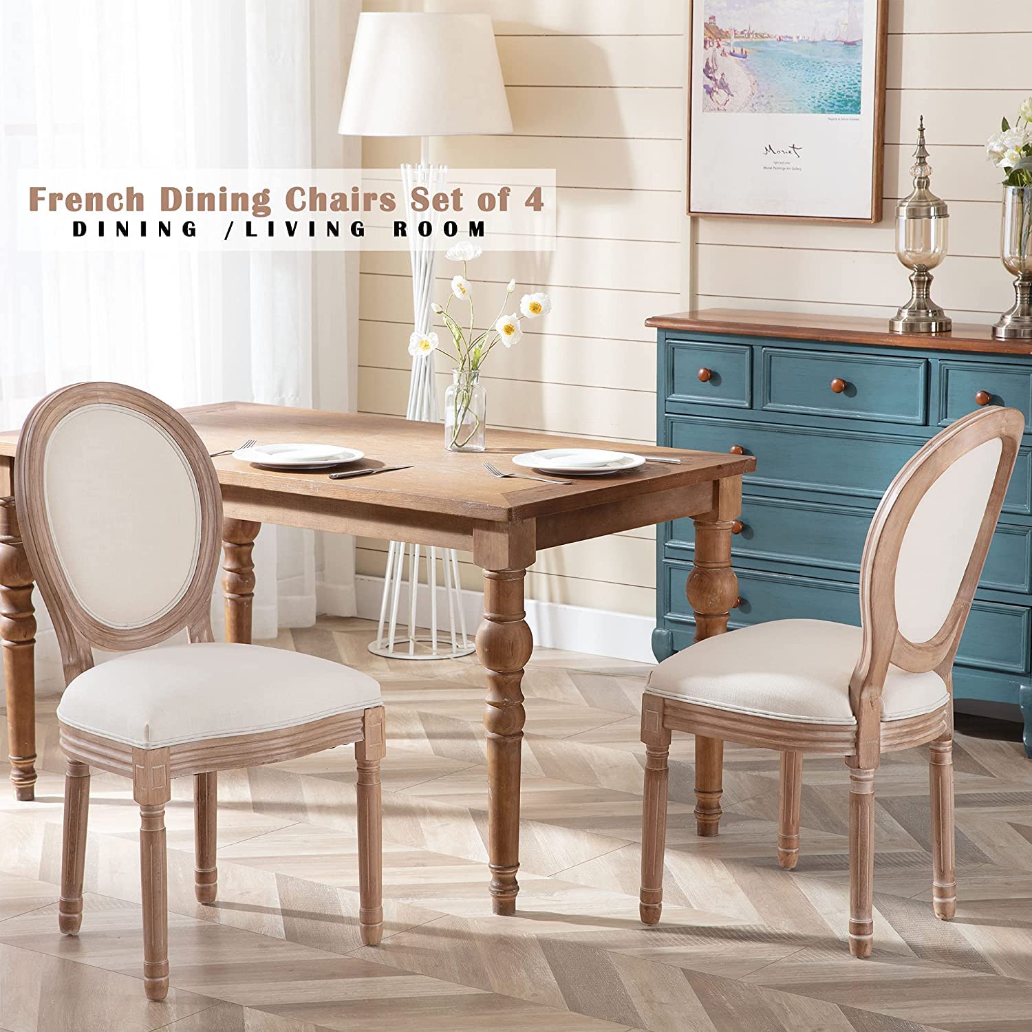 French Country Dining Chairs Set of 4, Farmhouse Fabric Dining Room Chairs