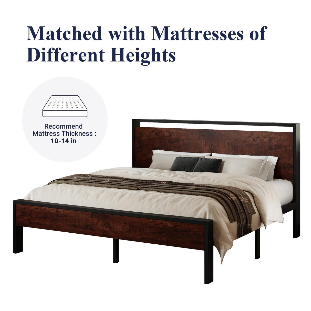 King Size Platform Bed Frame with Wooden Headboard and Footboard