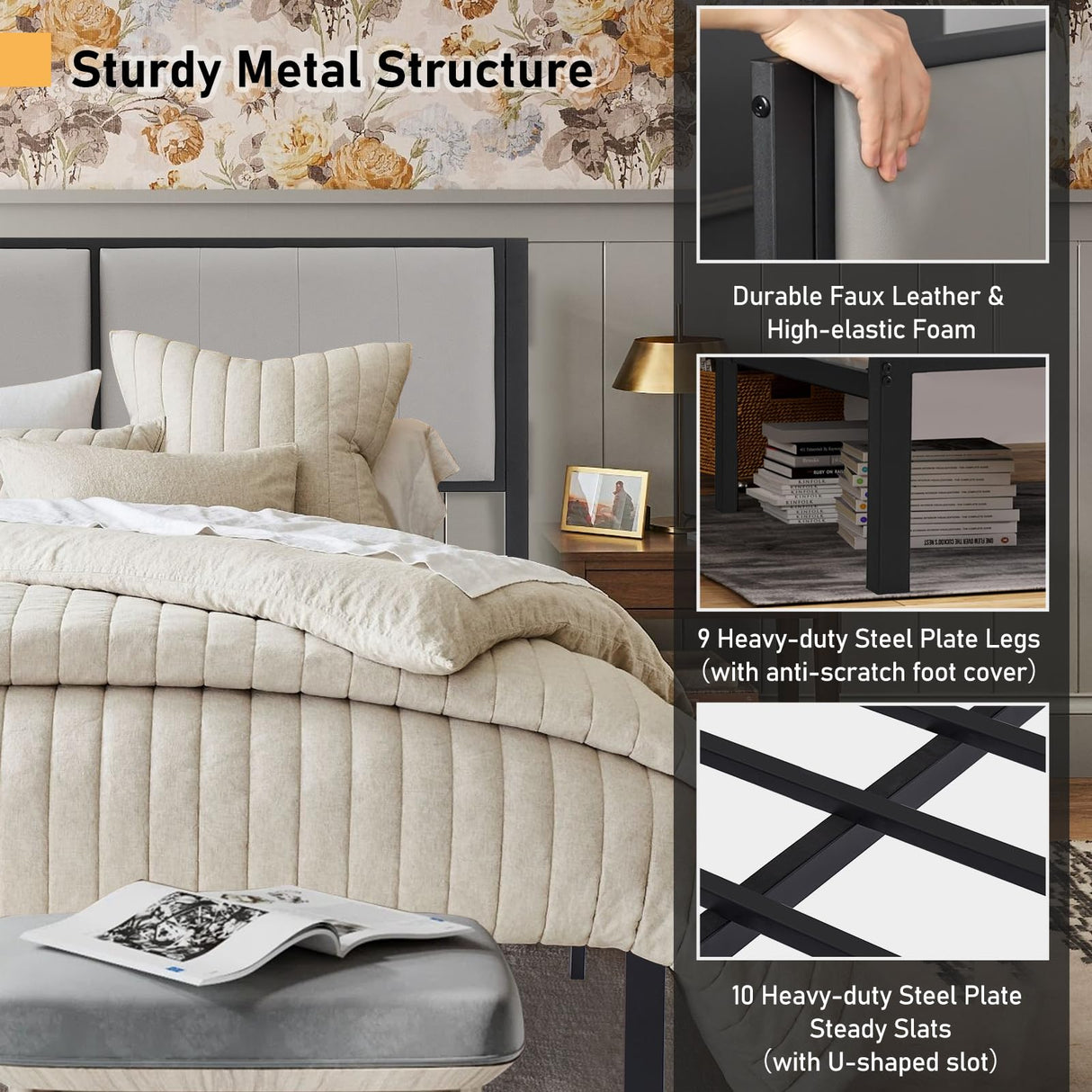 Upholstered Bed Frame Queen Size with Headboard(Deluxe PU Leather