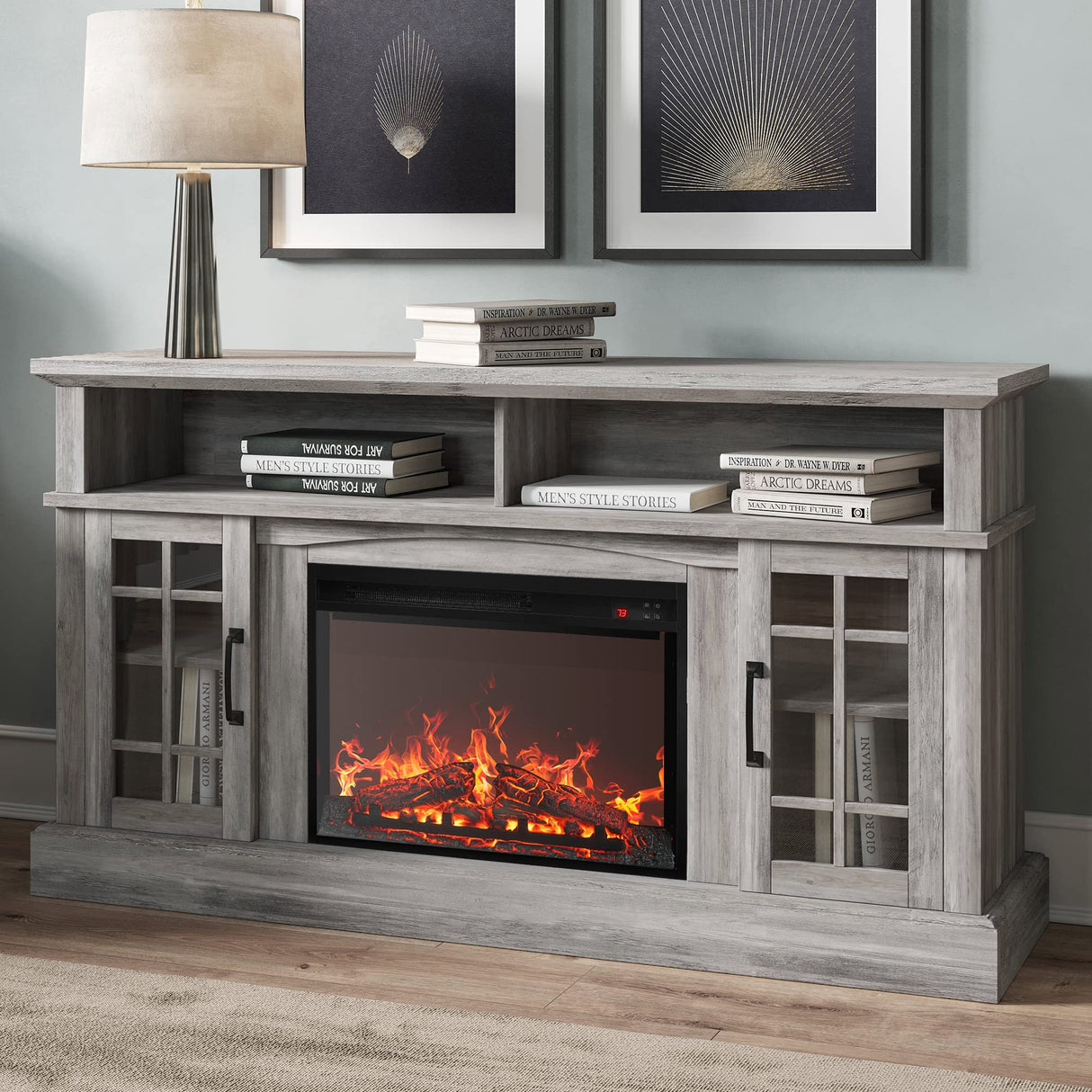 Traditional 58" Rustic TV Stand with 23" Electric Fireplace Heater