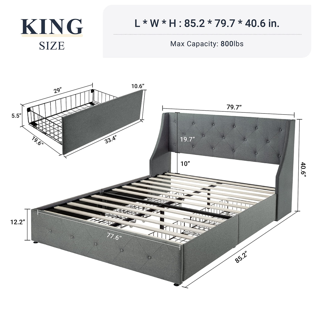 King Size Bed Frame with 4 Storage Drawers and Wingback Headboard