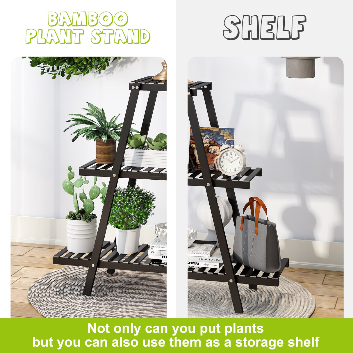 BMOSU 3-Tier Bamboo Plant Stand – Triangular Black Display Rack