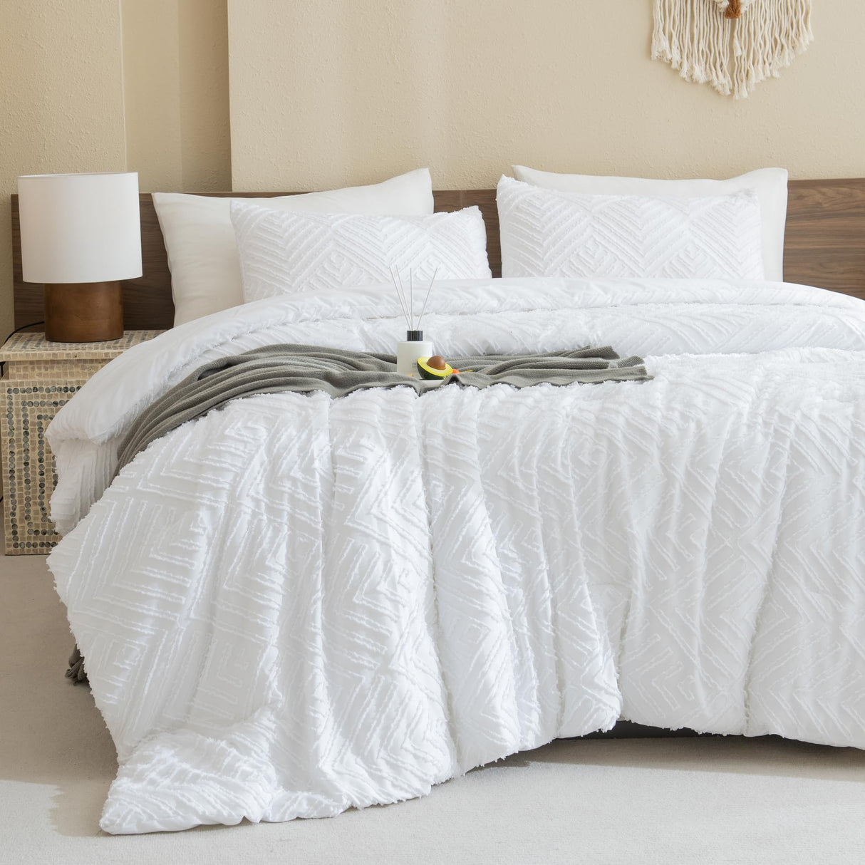White Boho Queen Comforter Set, Lightweight Fluffy Bedding Comforter Sets for Queen Bed