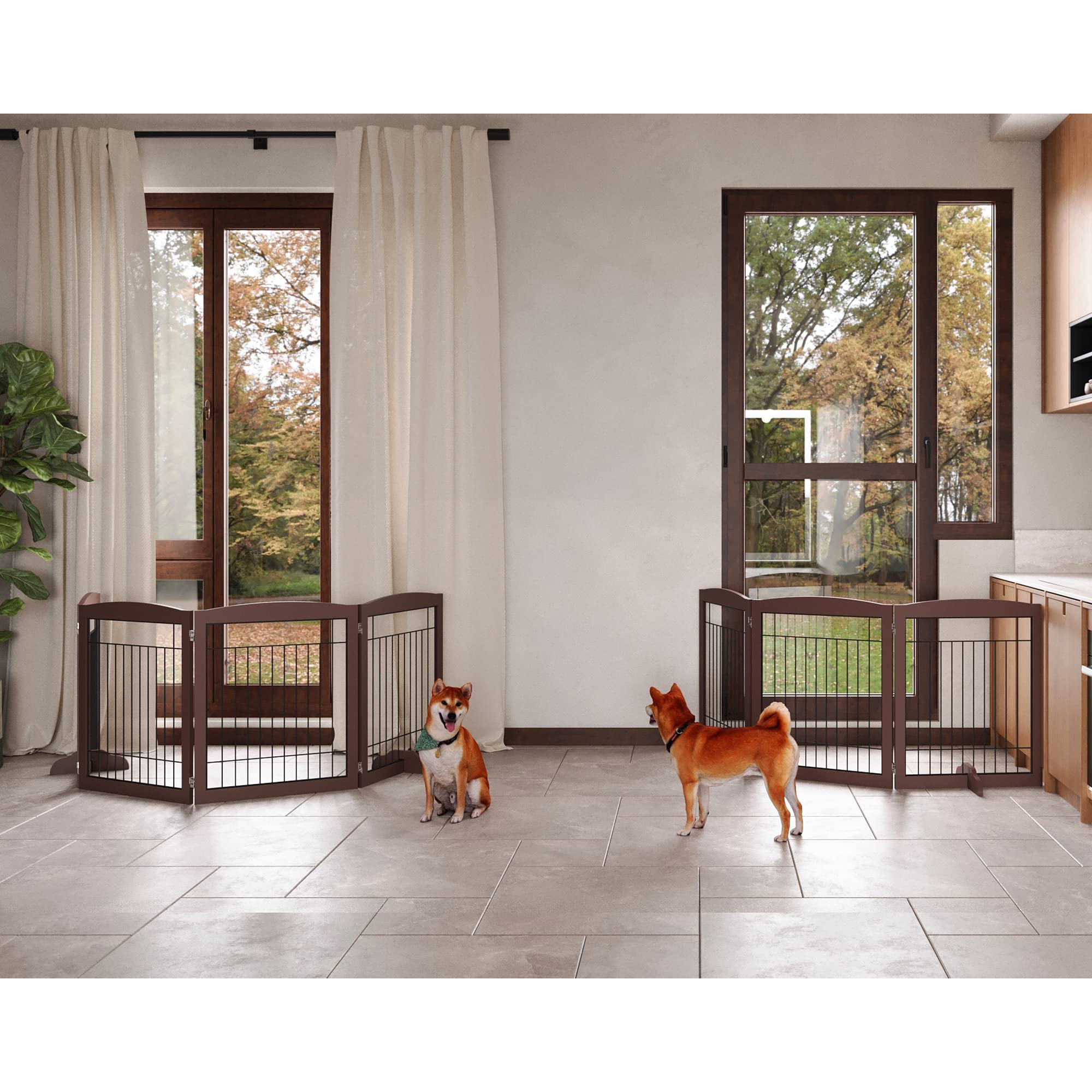 No-Assembly Folding 96" Extra Wide 30" Tall Wooden Dog Gate, Freestanding