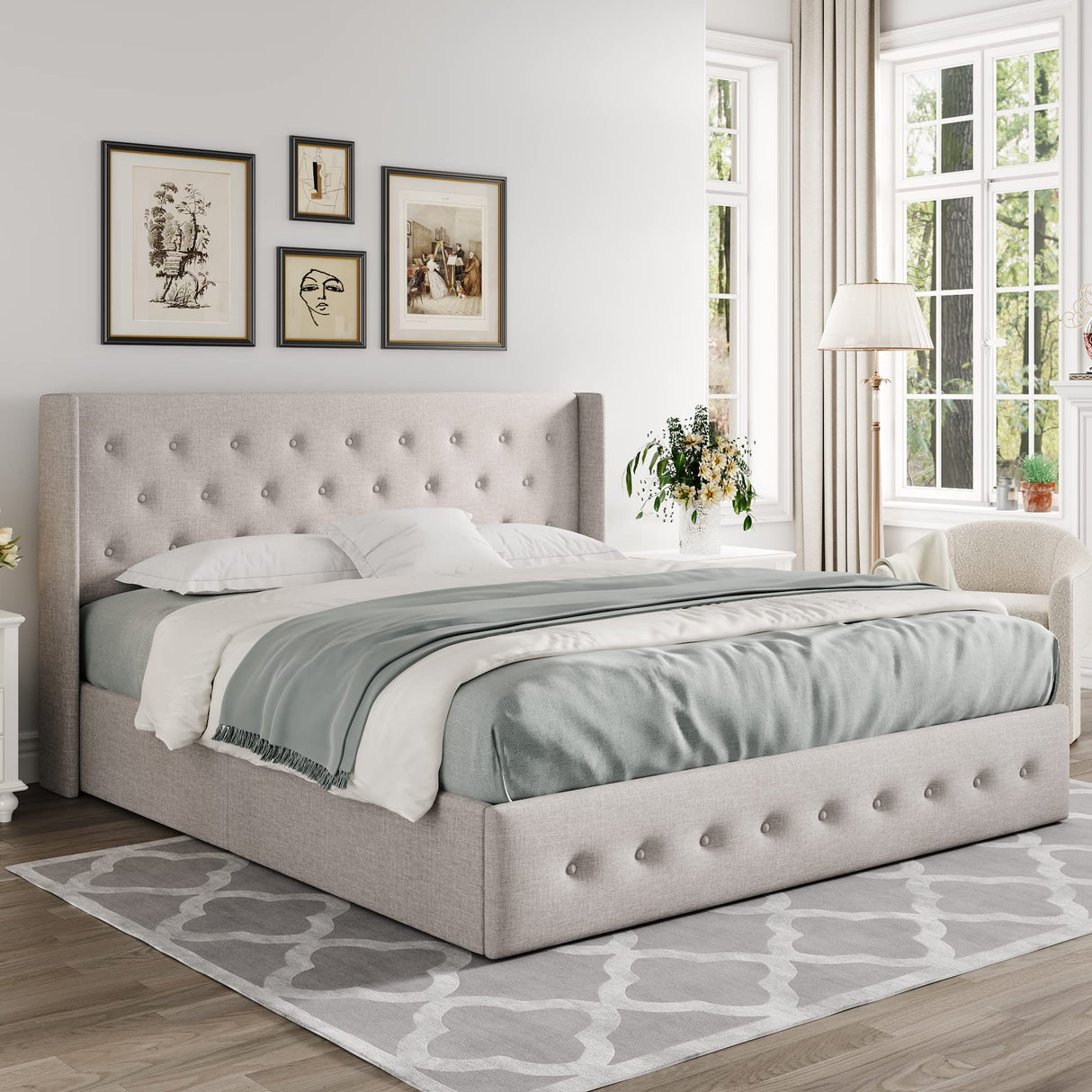 King Size Lift Up Storage Bed, Button Tufted Headboard with Wingback
