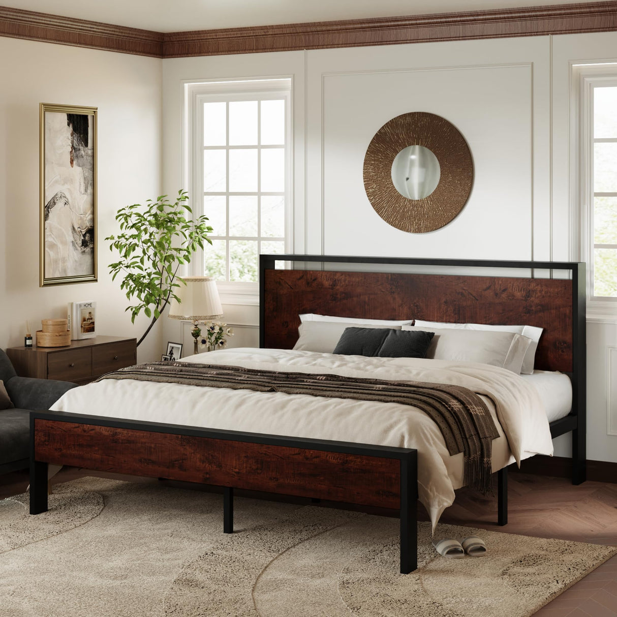 King Size Platform Bed Frame with Wooden Headboard and Footboard