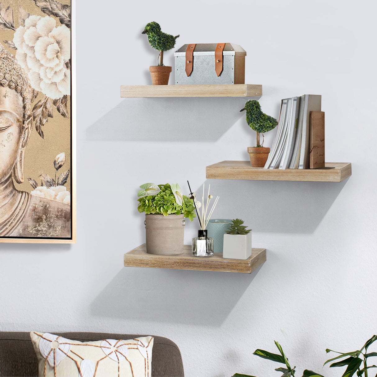 Floating Shelves, Wall Mounted Set of 3 Rustic Wooden Ledge Shelves Decorative