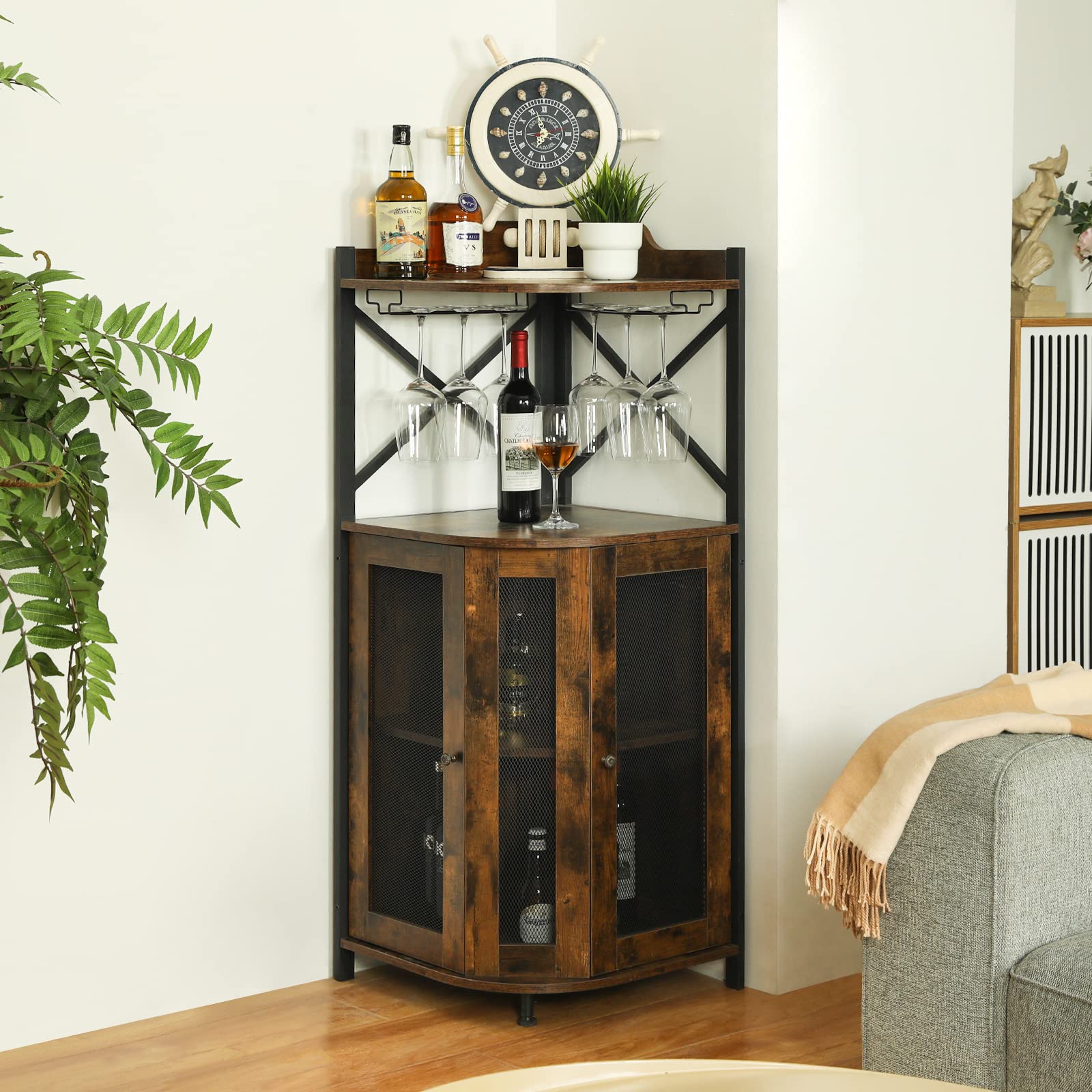 Corner Bar Cabinet with Glass Holder, Wine Cabinet with Mesh Door