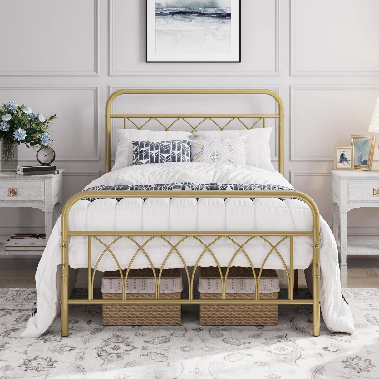 Twin Bed Frame Metal Platform Bed with Petal Accented Headboard/Footboard/14.4 Inch