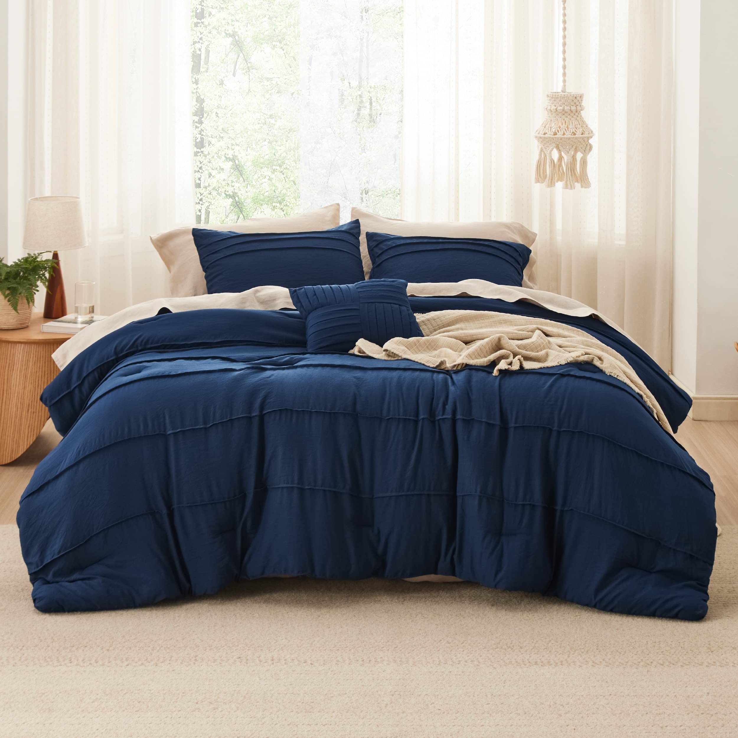 Navy Blue King Size Comforter Set - 4 Pieces Pinch Pleat Bed Set, Down Alternative