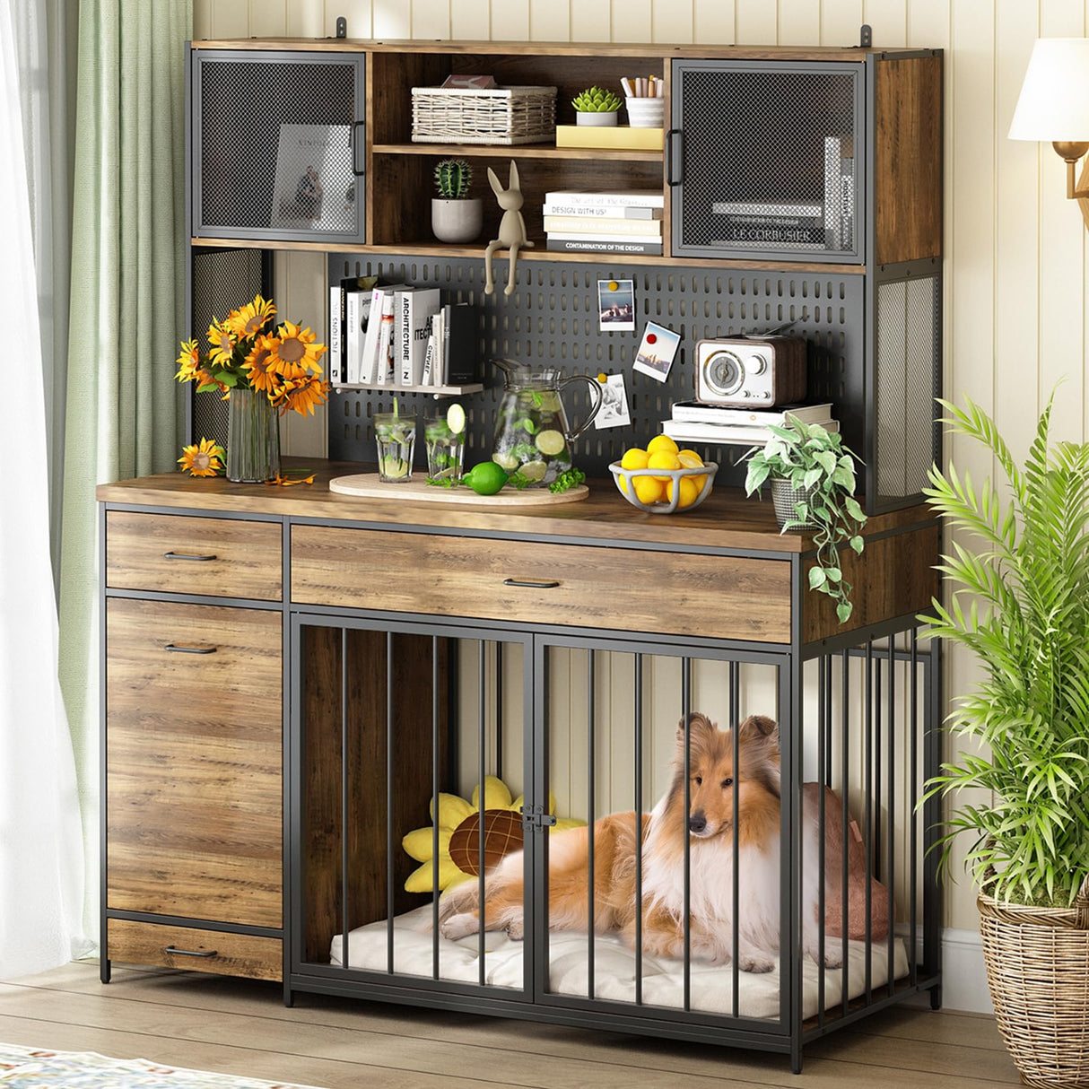 Large Dog Crate Furniture with Storage, Wooden Dog