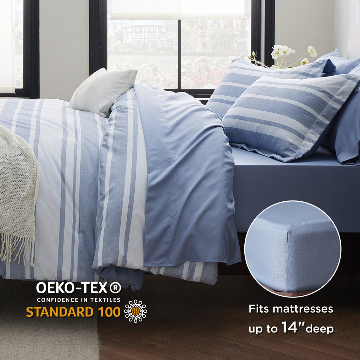 Bedding Sets Queen 7 Pieces, Striped Blue Comforter Set Queen