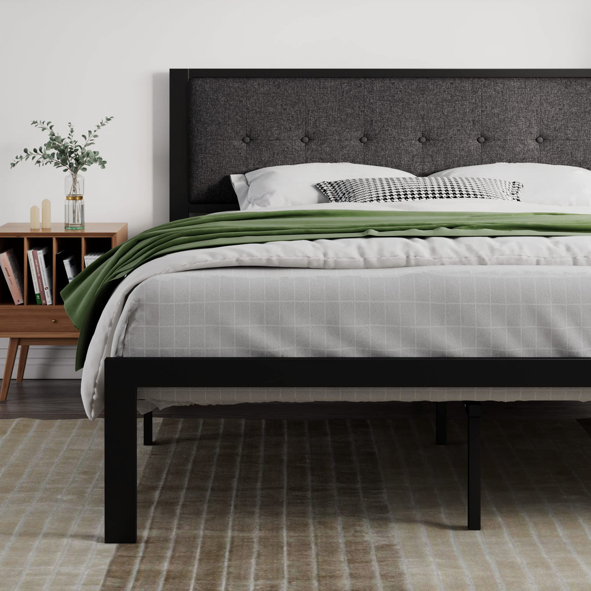 King Size Bed Frame with Upholstered Headboard, Platform Bed Frame with Metal Slats