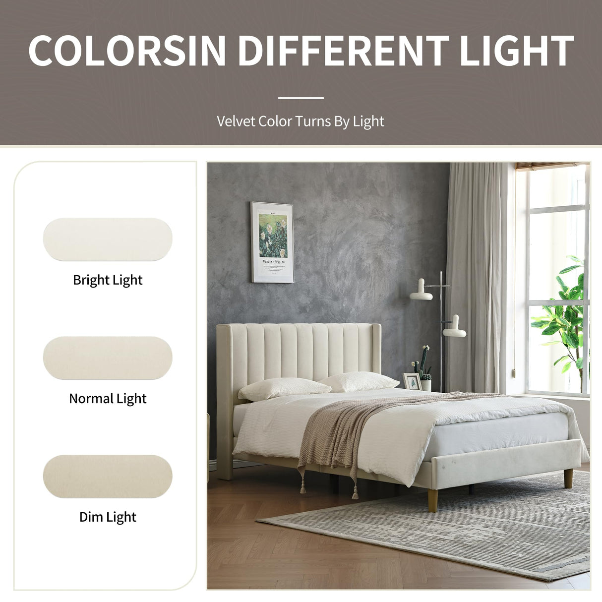 upholstered Platform Bed Frame/Queen Bed Frame/Modern Geometric Double-Wing