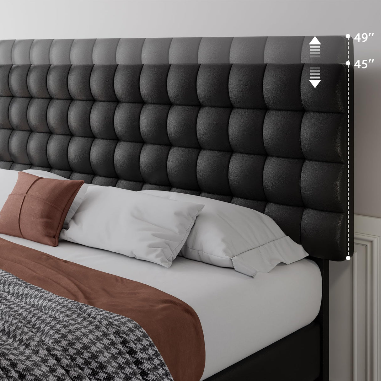 King Size Platform Bed Frame, Faux Leather Upholstered Bed Frame with Square Tufted