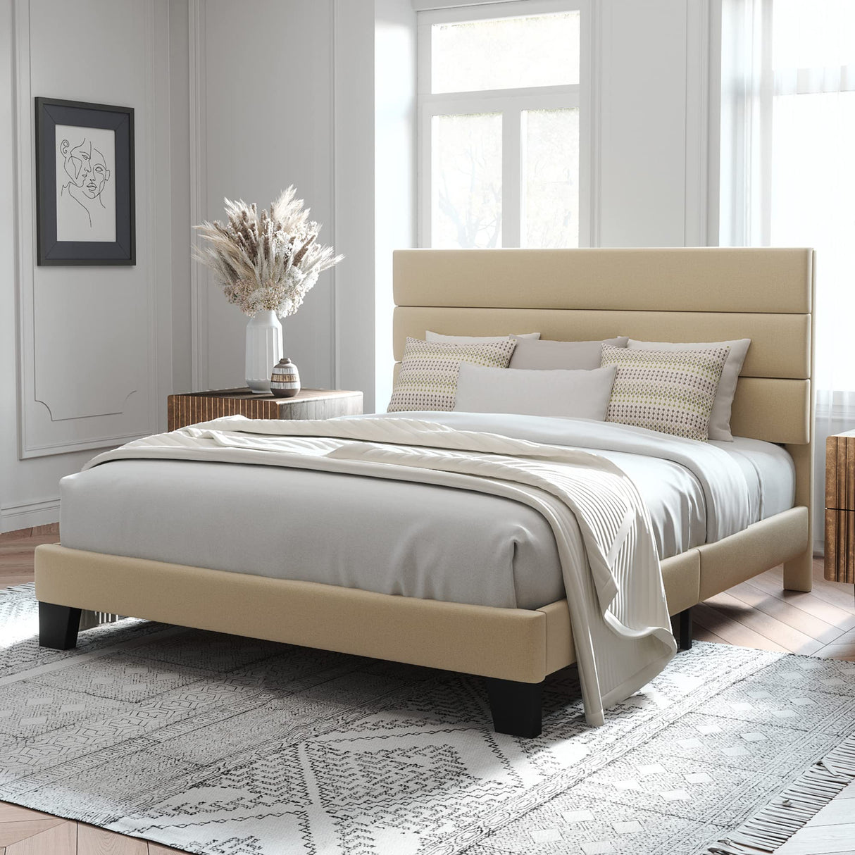 Full Size Platform Bed Frame with Fabric Upholstered Headboard