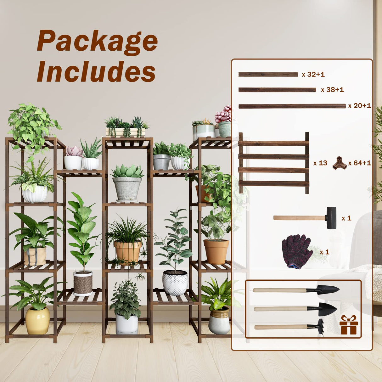 Multi Tall Tier Wooden Indoor Plant Stand with Large Storage