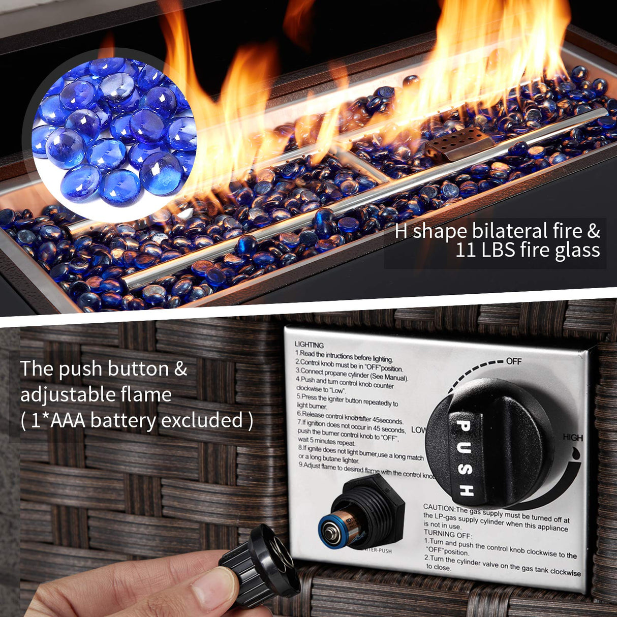 44in Gas Fire Pit 50,000 BTU Auto-Ignition Gas with Glass Wind Guard