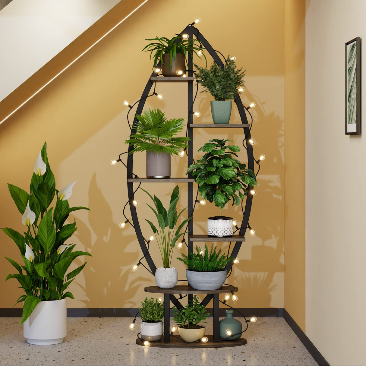 YOLENY 6-Tier Leaf-Shaped Plant Stand – White Metal & Wood Indoor Shelf