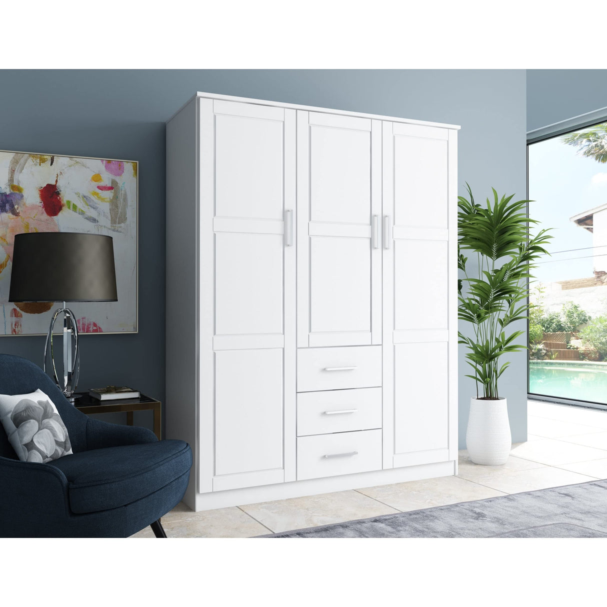 100% Solid Wood Cosmo 3-Door Wardrobe Armoire with Raised Panel Doors