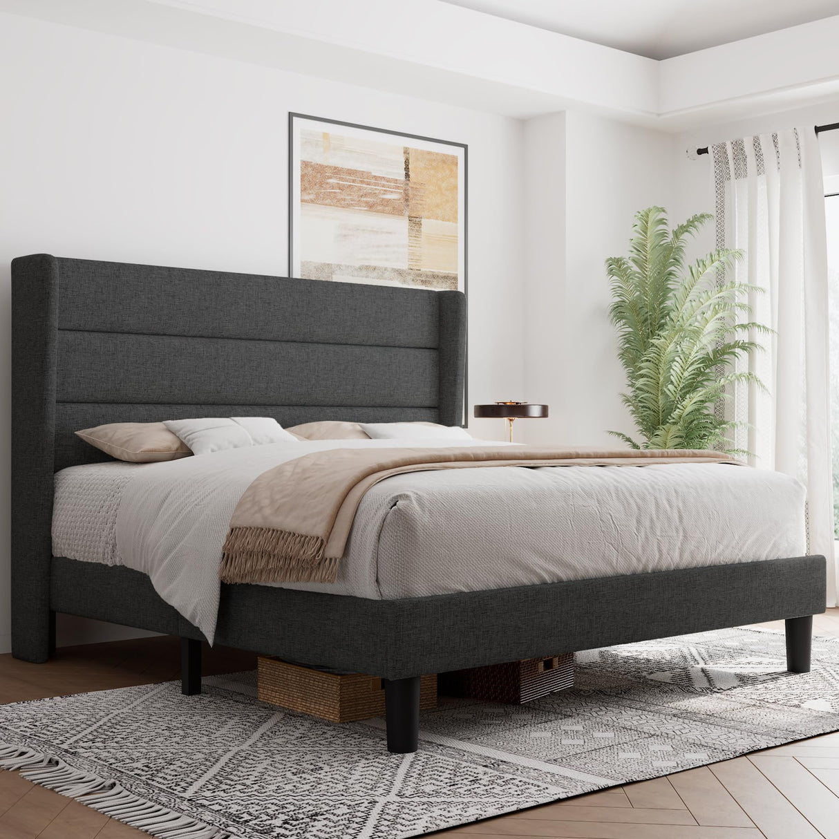 Queen Bed Frame, Upholstered Platform Bed Wingback