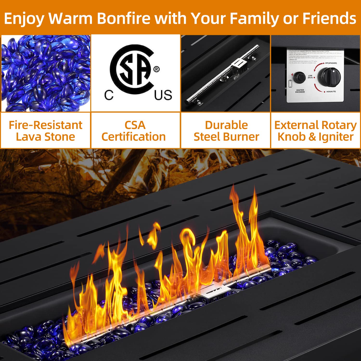 Fire Pit Propane Gas FirePit Table 43" Outdoor Fire Pit Tabletop with Lid