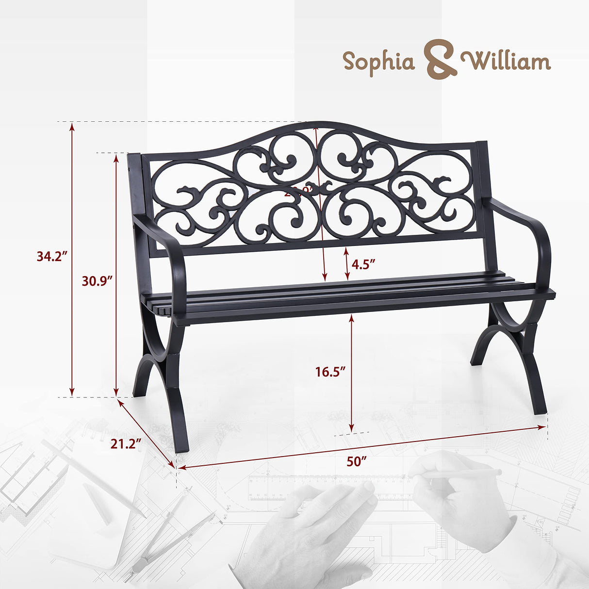 50‘’ Outdoor Garden Bench Patio Park Bench, Cast Iron Frame Furniture