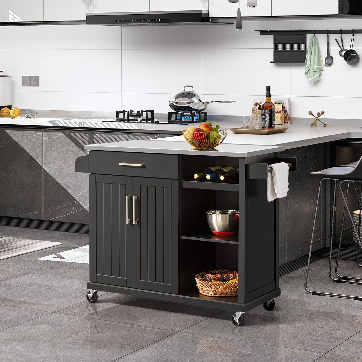 Kitchen Cart with Stainless Steel Top and Storage Cabinet, Kitchen Island