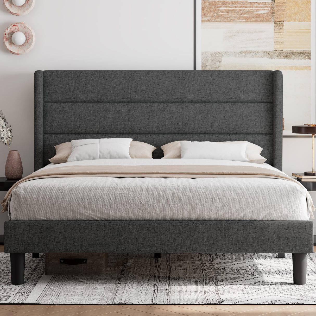 Queen Bed Frame, Upholstered Platform Bed Wingback