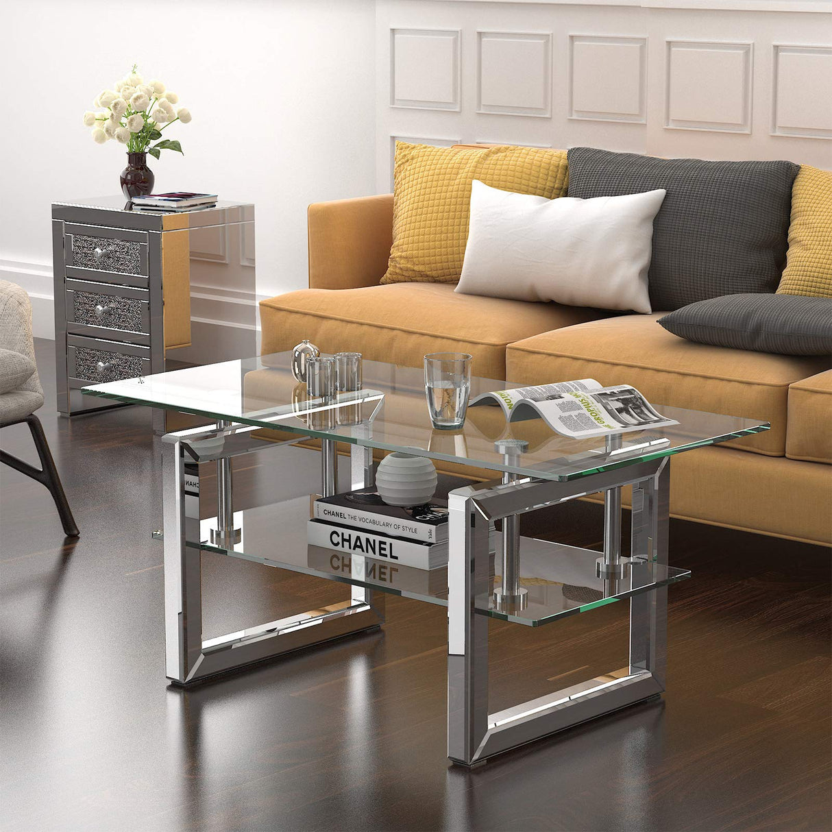 Glass Coffee Table with 2 Tier Glass Boards & Sturdy Metal Legs