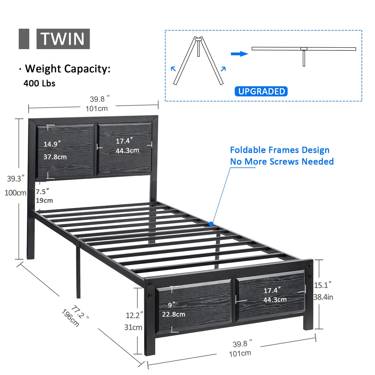 Twin Size Platform Bed Frame with Black Wood Headboard, Mattress Foundation